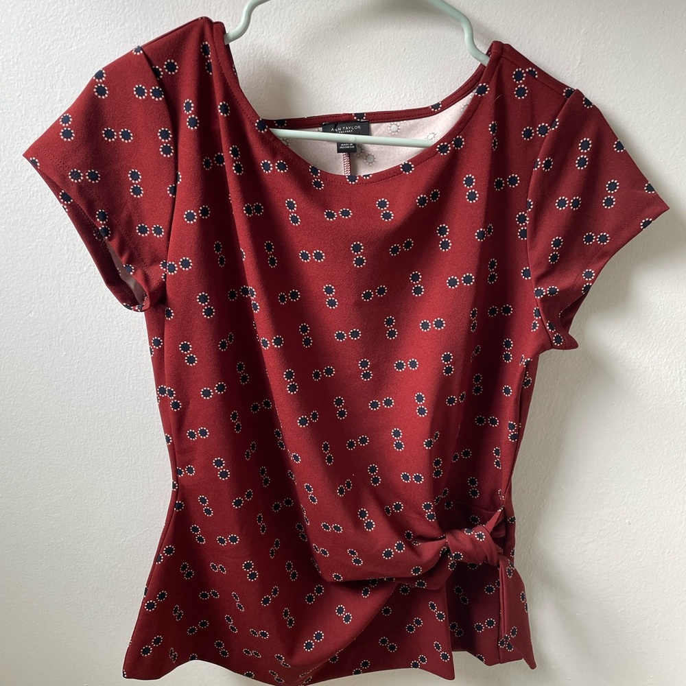 Cute work blouse. Brand new! Burgundy/ deep red with white and blue print.